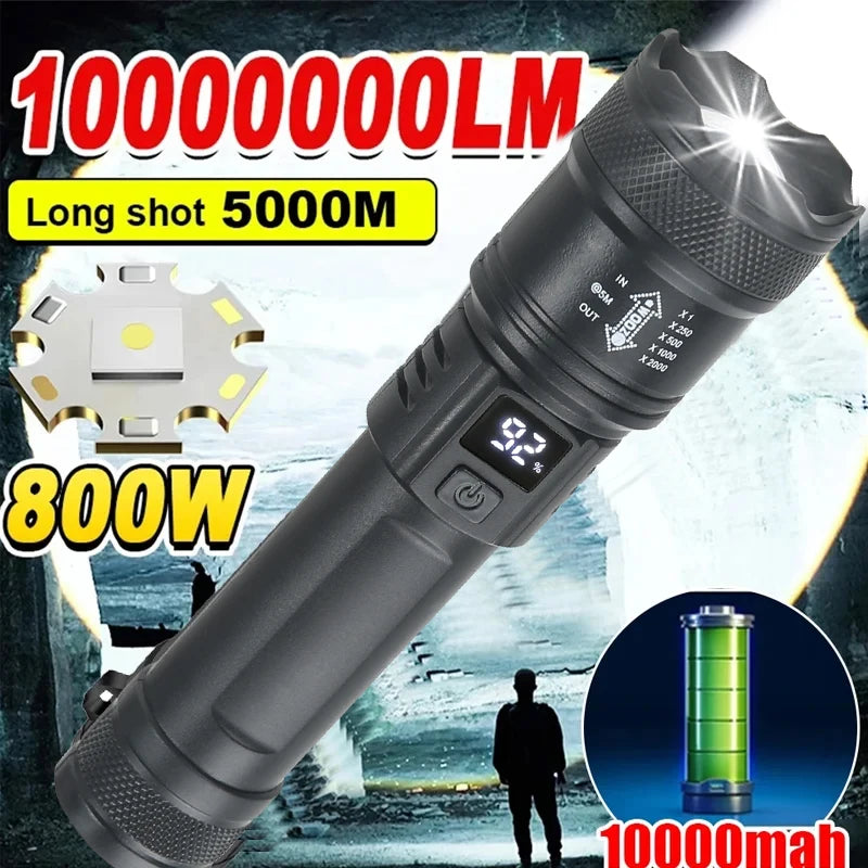 Hochleistungs-LED-Taschenlampe (2000 lm) mit Display, USB-Ladefunktion, ideal für Camping, Angeln und Notfälle.