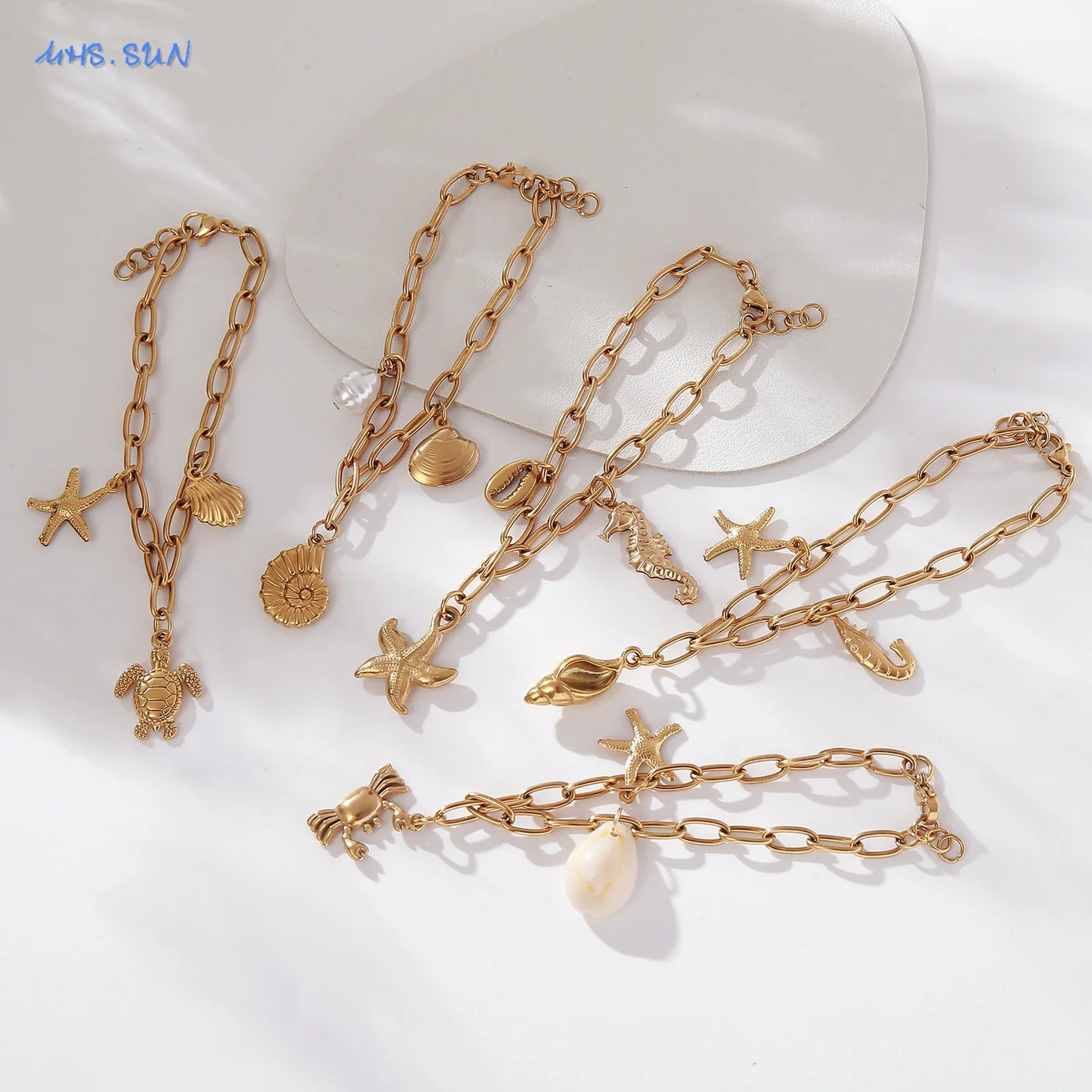 MHS.SUN Summer Starfish Conch Crab Charms Chain Bracelets Trendy Stainless Steel Ocean Style Beach Waterproof Jewelry For Women
