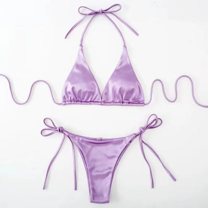 Sexy Women's Metallic Halter Top Two Piece Swimsuit Tie Side Triangle Bikini Summer Solid Bathing Suit Beachwear Bikini Set