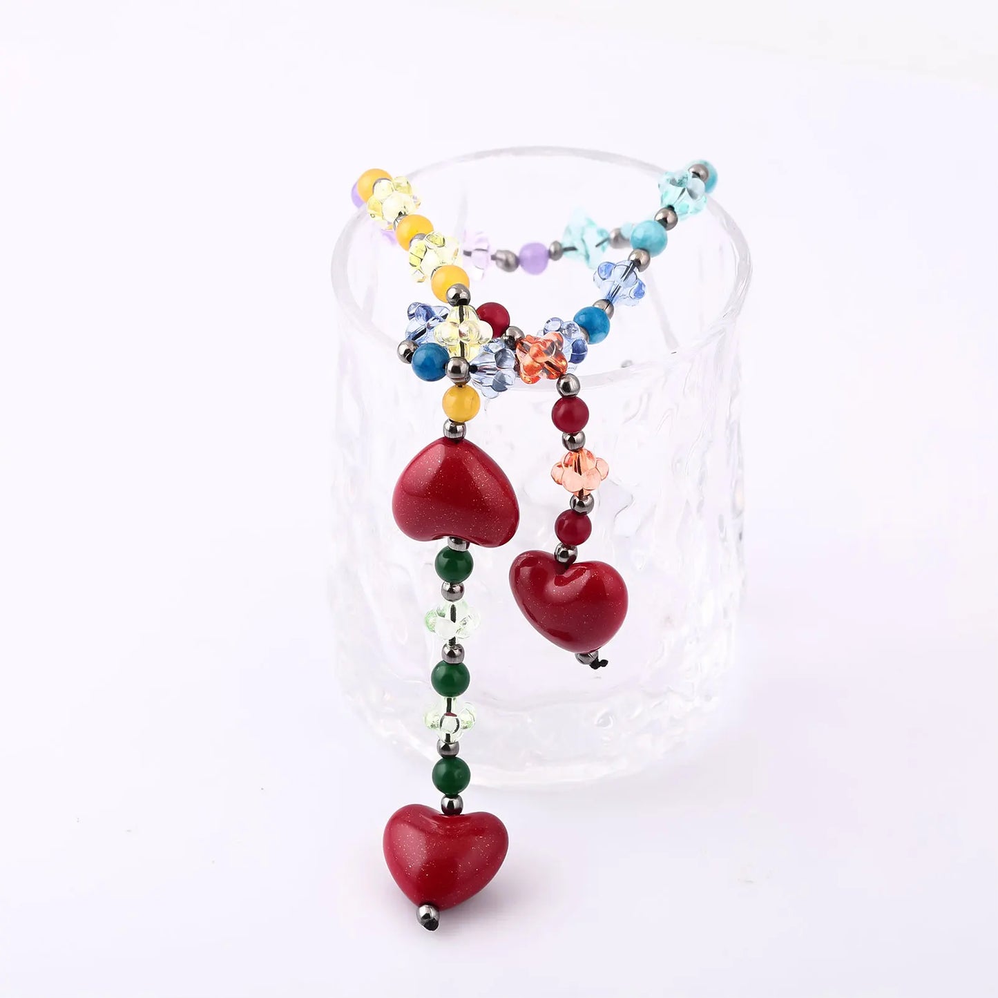 Fashion Key Chain With Red Heart Y2k Style Bag Pendant Cool Trendy Bag Charms Korean Cute Beaded Keychain Ladies Gifts Jewelry