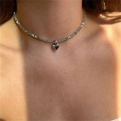 Collier pendentif cœur en zircon et pompons style vintage pour femme, style bohème géométrique baroque, chaîne en cristal transparent
