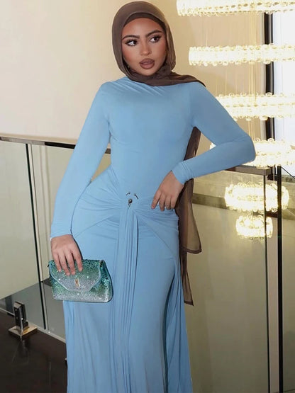Sisterlinda Sequined Pleated Maxi Dress Classic Solid Full Sleeve Crew Neck Ribbons Sheath Long Robe Mujer Hipster Evening Wear