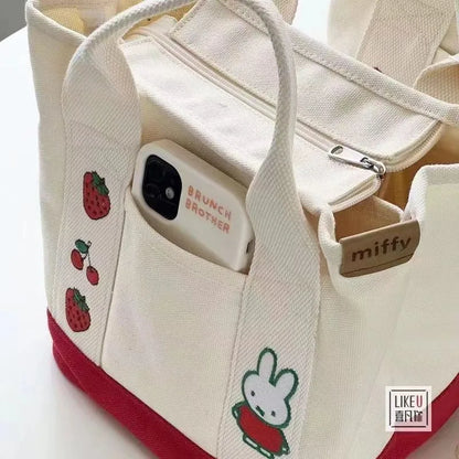 New Anime Kawaii Miffy Embroidery Cute Zipper Bag with Canvas Tote Bag Bento Lunch Box Bag for Friends Christmas Gift