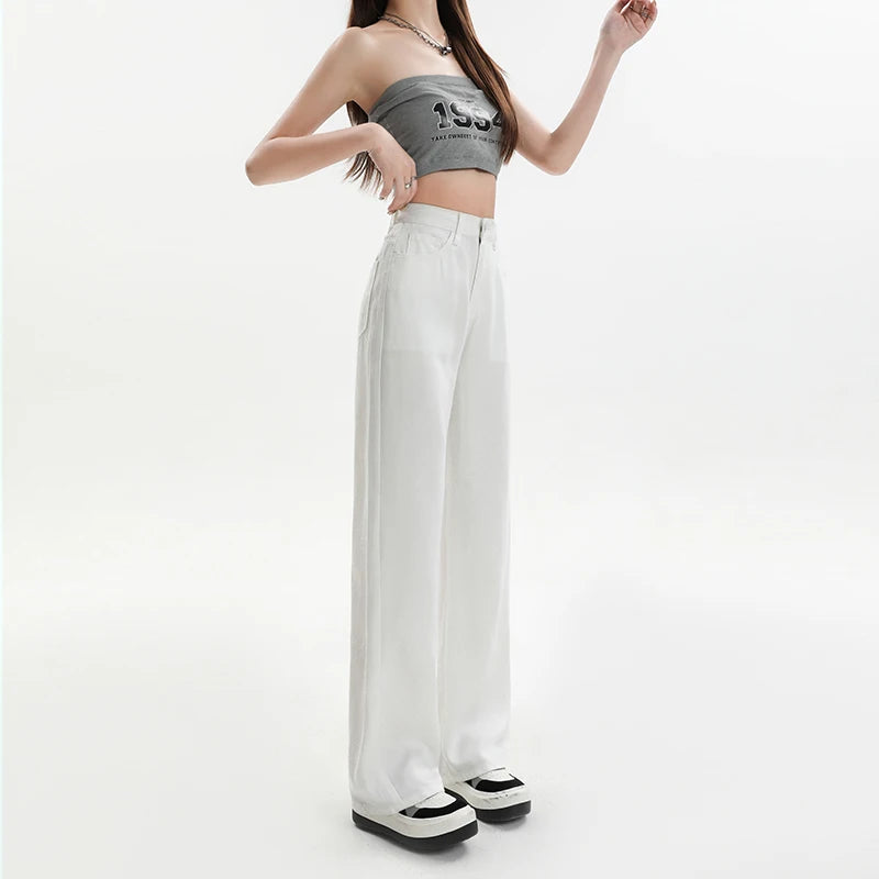 Summer Soft Lyocell Fabric Woman Jeans Loose Wide Leg Straight High Waisted Thin Pant Fashion Comfort White Casual Trousers