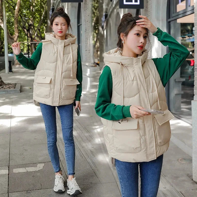 Women Hooded Vest autumn Winter new Fashion Padded Down Cotton Waistcoat thick Warm sleeveless jacket Female Loose Outwear T580