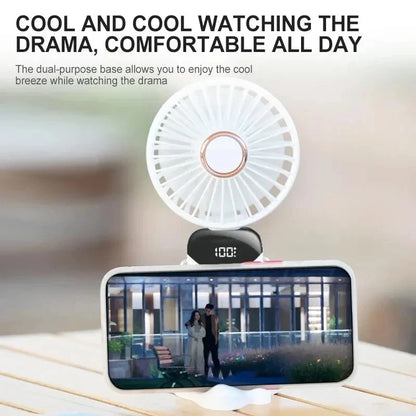 Portable Handheld Fan with Digital Display, 5-Speed USB Rechargeable Mini Fan, Ultra Quiet Personal Fan with Lanyard & Bas