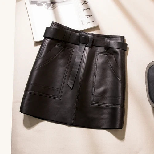 High Quality Genuine Leather High Waisted A-line Skirt Buttocks Wrapped Skirt Women's Fashionable Sheepskin Belt Short Skirt Y2k