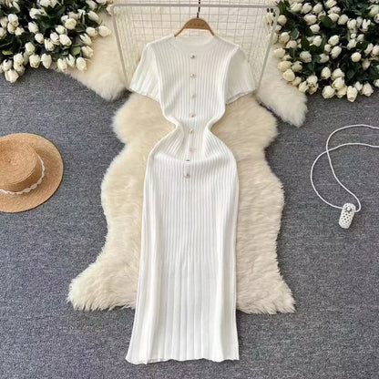 Chic O-neck Elegant Short Sleeve Slim Single Breasted Knit Dress High Street Women Vintage Korean Office Lady Casual Clothing