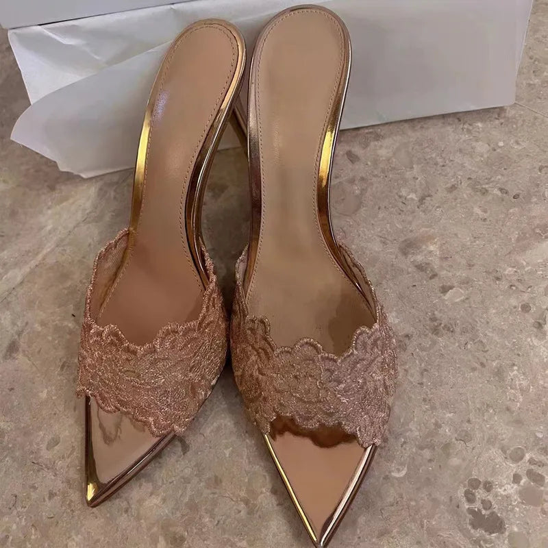 Women's High Heel Slippers Embroidery Lace Pointed Slippers Elegant Temperament High Heels Single Shoes for Women Banquet Pumps