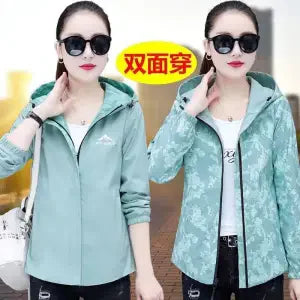 Double-Sided Wear Hooded Windbreaker Women Coat 2025 New Spring Autumn Korean Fashion Loose Jacket Female Mom Outwear Tops T947