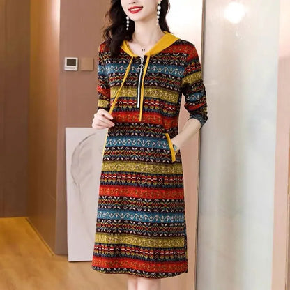 Elegant Fashion Zipper Hooded Striped Dress Spring 2022spring Autumn Women's Clothing Folk Vintage Long Sleeve Straight Dresses