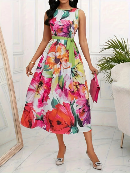 Spring Summer Women Elegant Floral Print Long Dress Vacation Party O Neck Lace Up Sleeveless Tank Dresses