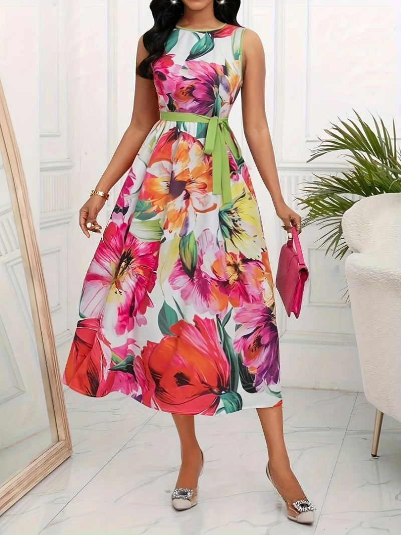 Spring Summer Women Elegant Floral Print Long Dress Vacation Party O Neck Lace Up Sleeveless Tank Dresses