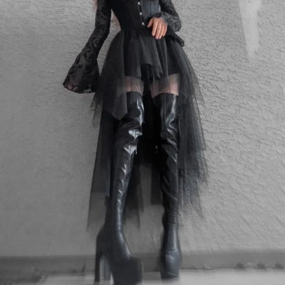 Fashion Net Yarn High-Waisted Irregular Skirt for Women Gothic Style Summer Casual Skirt Sexy and Charming Goth