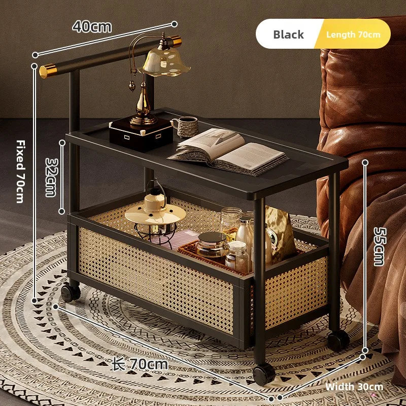 Wooden antique style coffee table, mobile coffee table, sofa side table, cart with pulley storage rack, rattan fence decoration