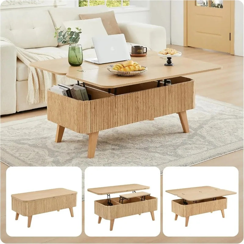 3 in 1 Lift Top Coffee Table, Fluted Convertible Coffee Tables Converts to Dining Tables, Modern Oval Wooden Center Table with