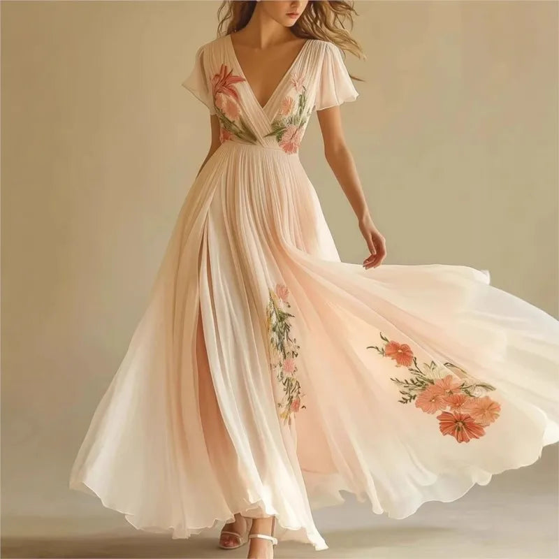 Women's Clothing Trend 2025 Summer Short Sleeve High Waist Dresses Sexy V Neck Floral Printed Boho Holiday Dress Vestidos