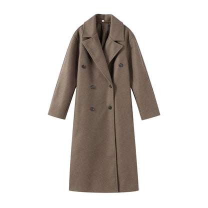 High Street Women Woolen Coat Solid Loose Turn-down Collar Double Breasted Long Sleeve Jackets Autumn Winter All-match Jacket