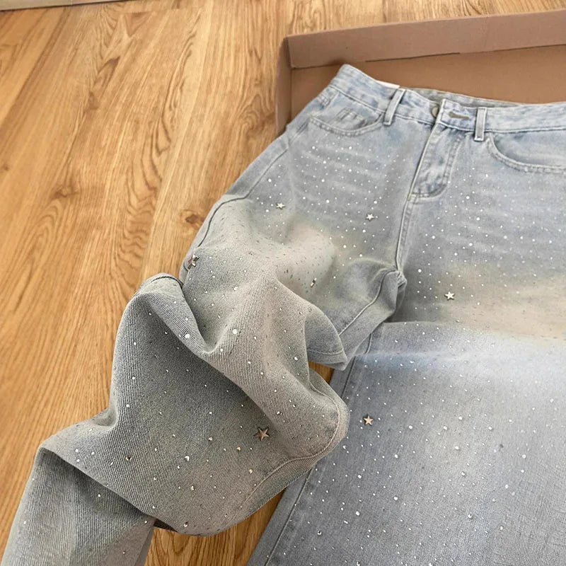 Elegant Light Blue Beaded Straight Denim Pants for Women High Waist Slim Fit Wide Leg Long Trousers