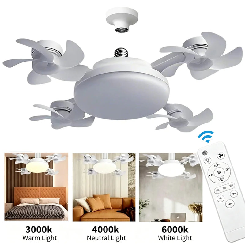E27 Screw in Ceiling Fan with Remote Control Socket Fan Light Drone Fan Dimmable 3Color Temperatures for Bedroom Kitchen Garage