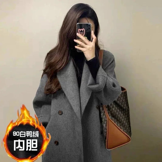 Grey Double-sided Cashmere Coat Women's 2025 Winter New Korean version Loose Thick Down Woolen Coats Solid Casual Long Overcoat