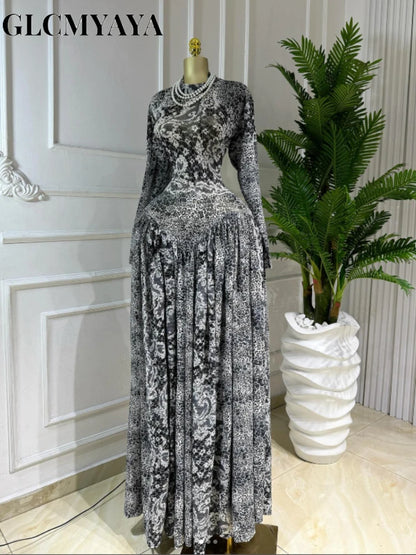 GLCMYAYA Women Full Sleeve Floral Printed O-neck Maxi Long Dress 2025 Evening Birthday Vacation Sexy Party Club Vestidos Dresses