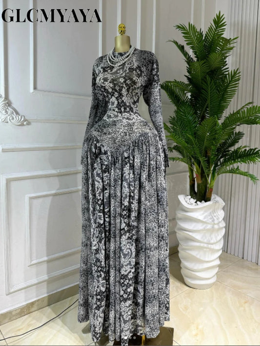 GLCMYAYA Women Full Sleeve Floral Printed O-neck Maxi Long Dress 2025 Evening Birthday Vacation Sexy Party Club Vestidos Dresses