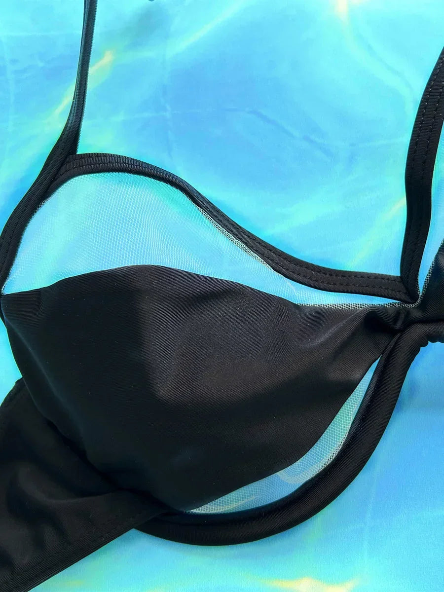 Halter Mesh Sheer Underwired V-Bar Bikini Women Swimwear Female Swimsuit Two-pieces Bikini Set High Cut Bathing Suit Swim Lady