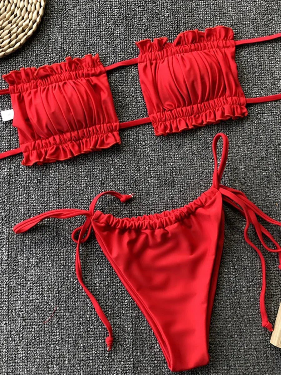 Tie Dye Pleated Ruffled Bikinis Bandeau Bikini Women Swimsuit Female Swimwear Two-pieces Bikini Set Hollow Out Bathing Suit Swim