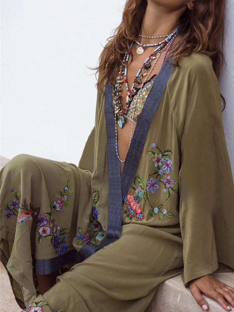 Vestidos Boho Hippie Chic Vintage Floral Embroidery Cardigan Beach Trip 2025 Kimono Pareo Long Sleeve Cape Cover Maxi Dress