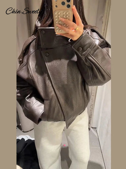 Vintage Stand Neck Leather Jacket Women Solid Motorcycle Style Asymmetry Elastic Hem Loose Cropped Jackets Lady New Outwear 2026