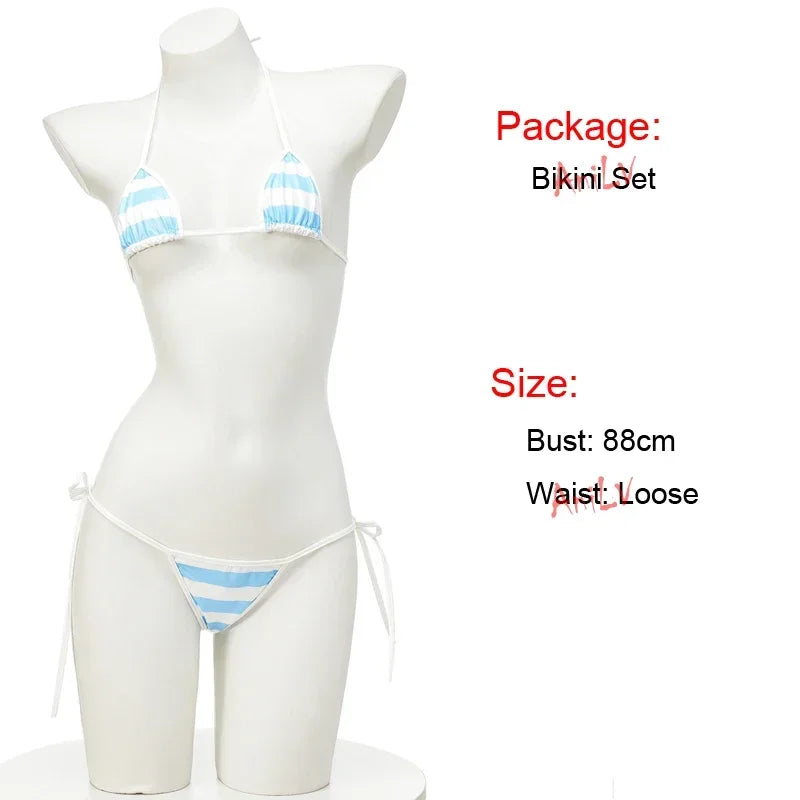 Summer PU Leather Micro Bikini Set Women Swimsuit Stripes Bright Anime Swimwear Erotic Underwear Sexy Lingerie Costume