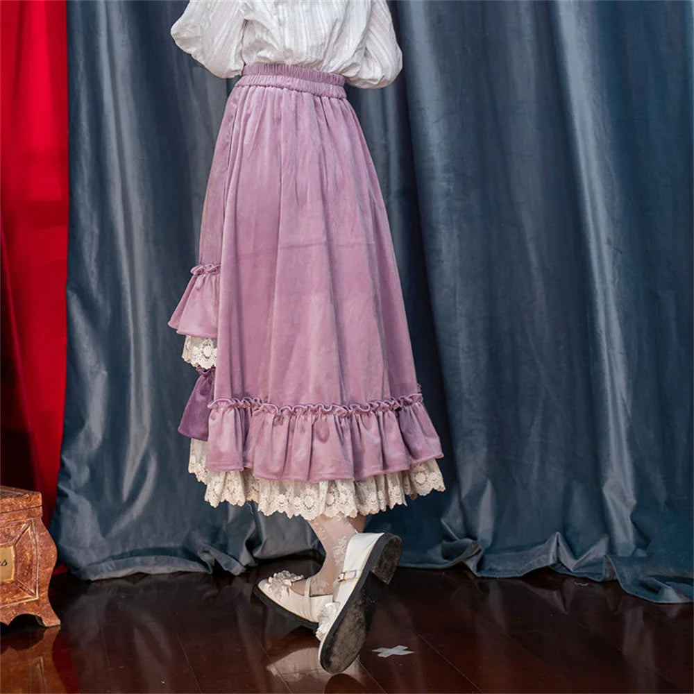 Vintage Japanese Style Girl Lace Spliced Purple Ruffled Women Skirts High Waist A-line Irregular Loose Thicken Sweet Long Skirts