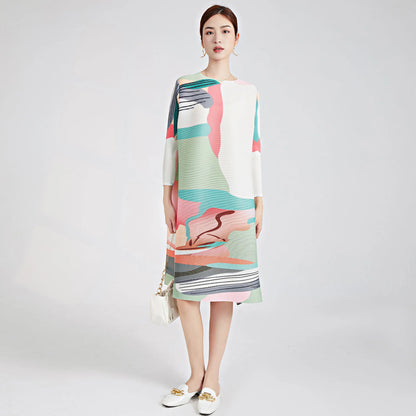 Fashion Pleated Dress Summer Women's Loose Multi Color Printed O-Neck Long Sleeve Mid Length Elegant Three House Dress