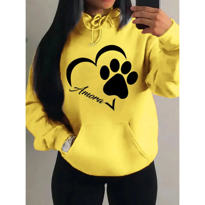 Love And Little Cat Foot Creative Print Women Hoody Fashion Autumn Sweatshirt Pocket Hoodie Sport Style Comfortable Pullover