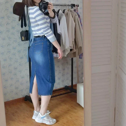 Denim Skirt Women 2025 Long Jean Skirt High Waist Pencil Skirt Ladies Stretch Clothes Black Blue Faldas Largas Jupe Longue Femme