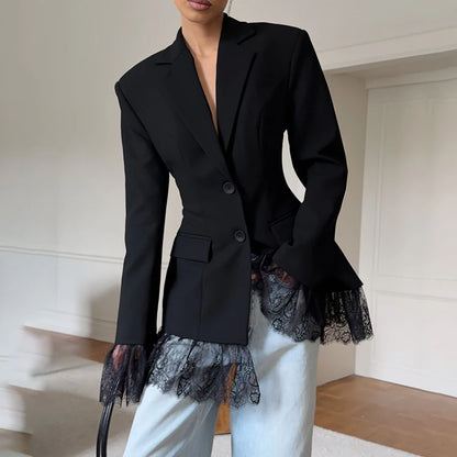 Linad Vintage Black Slim Lace Coats For Women Elegant Notched Collar Jackets Street Chic Long Sleeve Outerwear Lady 2025 Autumn