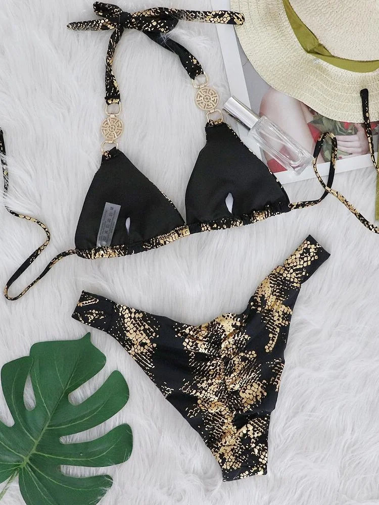 Bikinis Women White Snake Skin Print Rhinestone Micro Swimsuit 2025 Luxury Brazilian Push Up Beach Bathing Suit Thong Swimwear