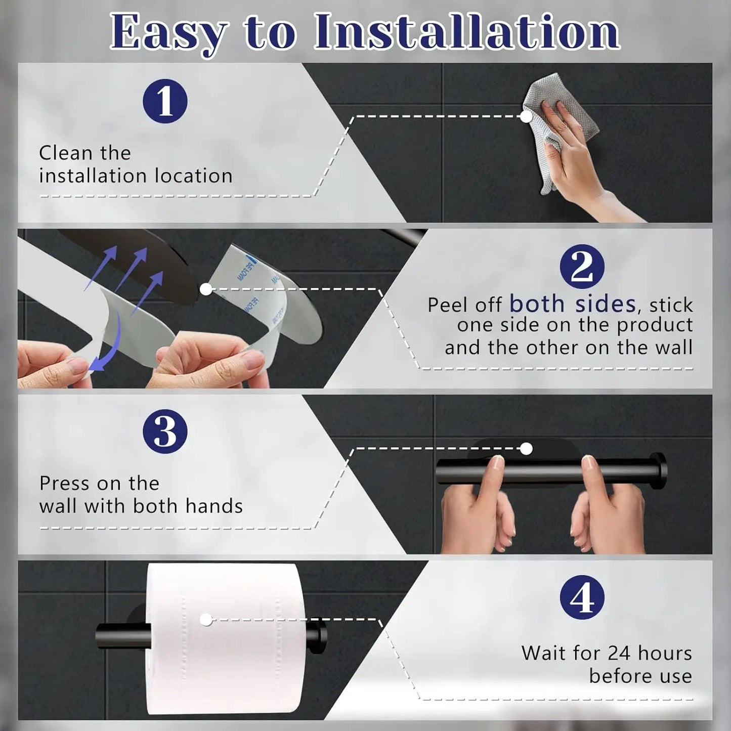 Black No-Drill Toilet Paper Holder - Self-Adhesive Plastic Waterproof for Bathroom & Kitchen