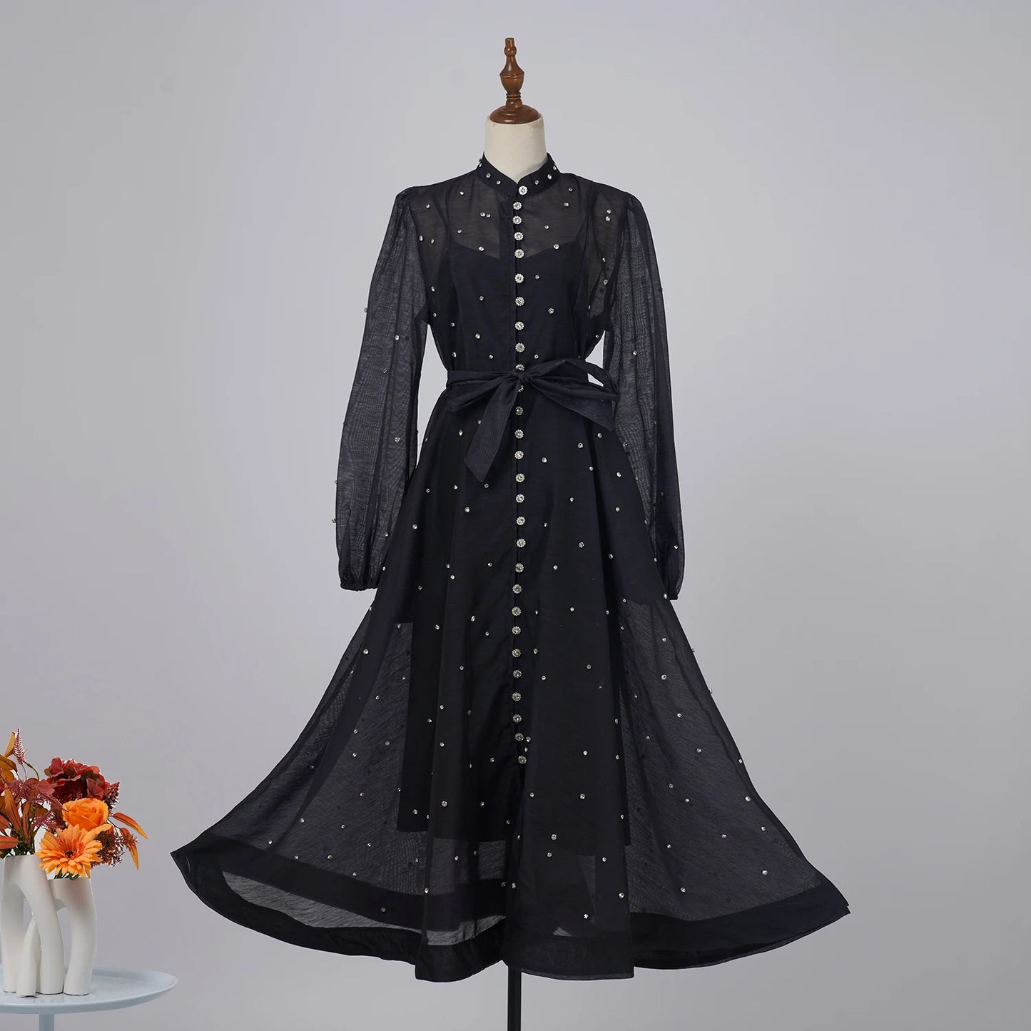 Ele Long T Dr with Lace-Up Ne Design Large Lantern Sve And Pure Color Briti Sle Women's Faion Dr