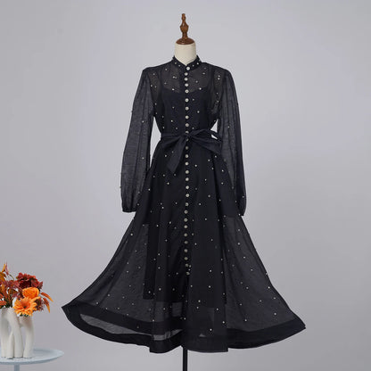 Ele Long T Dr with Lace-Up Ne Design Large Lantern Sve And Pure Color Briti Sle Women's Faion Dr