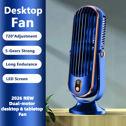 Portable Desktop Fan, Large Battery Dual Motor Home Small AirCooler, 5 Speed Air Cooling Fan 720° Surround Blower, Office