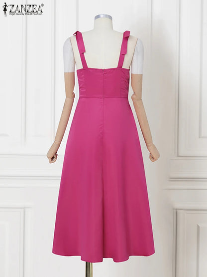 ZANZEA Women Evening Dress Elegant Spaghetti Strap Mid-Calf Party Dress Summer 2025 Retro Square Collar Sleeveless Vestidos Robe