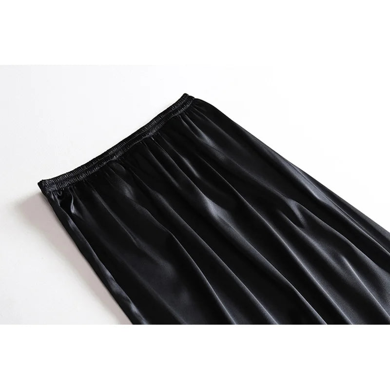 Women's 100% Mulberry Silk Midi Skirts Elastic High Waist A-Line Pull On Closure Summer Long Skirt