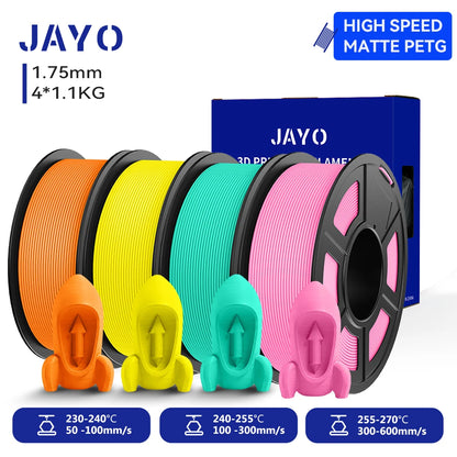 JAYO 4Rolls 3D High Speed Matte PETG 3D Filament 1.75mm 30mm/s - 600mm/s Print Range High Flow Speedy PETG 3D Printer Filament