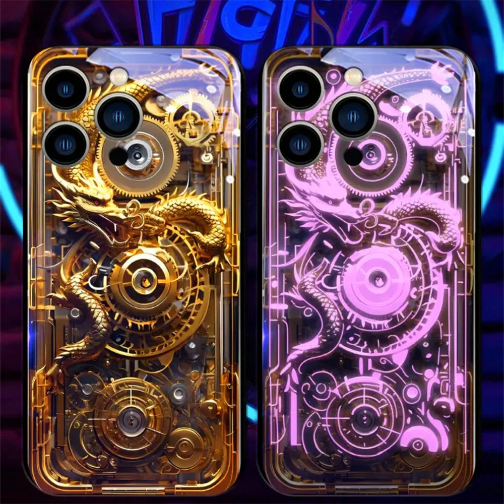 Wood Grain Dragon Emblem Sound Control LED Flash Cases Luminous Glass Cover For XiaoMi 15 14 13 12 11 Pro Ultra