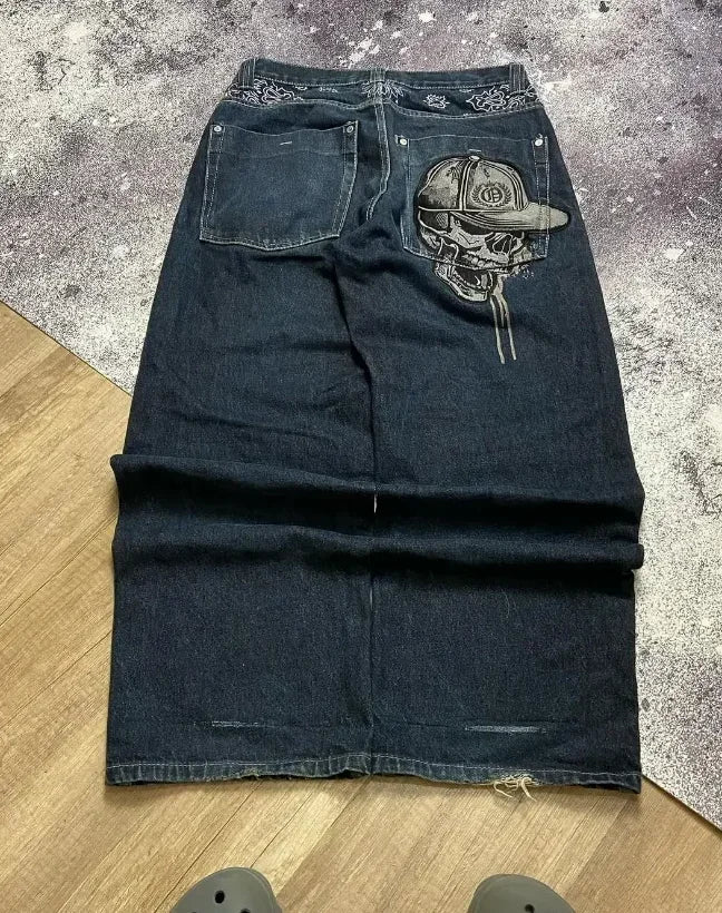 Retro British style print design sense patchwork rolled edge jeans high street casual loose wide-leg straight sports trousers