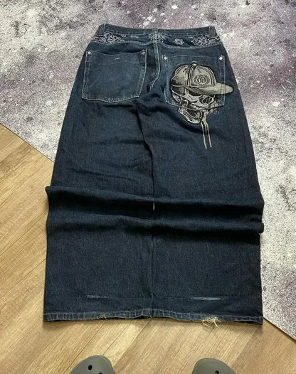 Retro British style print design sense patchwork rolled edge jeans high street casual loose wide-leg straight sports trousers