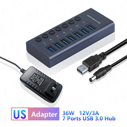 10 7 4 Port USB Hub 3.0 Aluminum A 3 0 Multi-hub Splitter Concentrator Multiple Extension Dock with Switch Adapter for PC Laptop