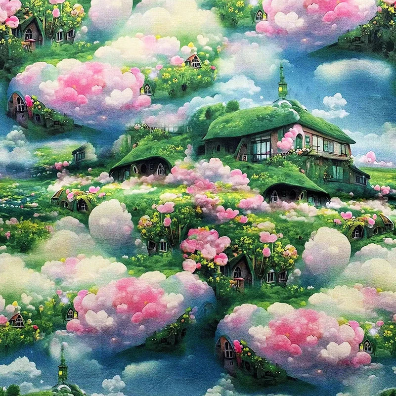 Cotton Fabric Digital Printing HD Fairy Tale Dream House Elf for DIY Handmade Sewing Clothes Bags Dresses by Half Meter